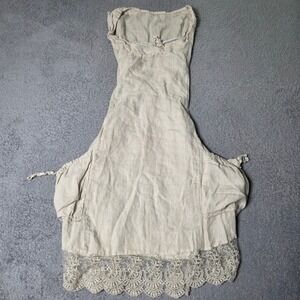 Handmade Women OS Apron Dress Beige Linen Cottagecore Lace Trim Pockets
